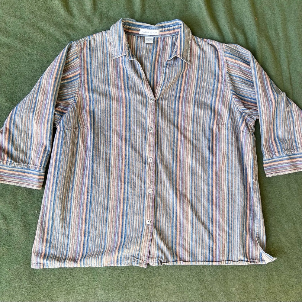 Blue and Tan Striped Button Up